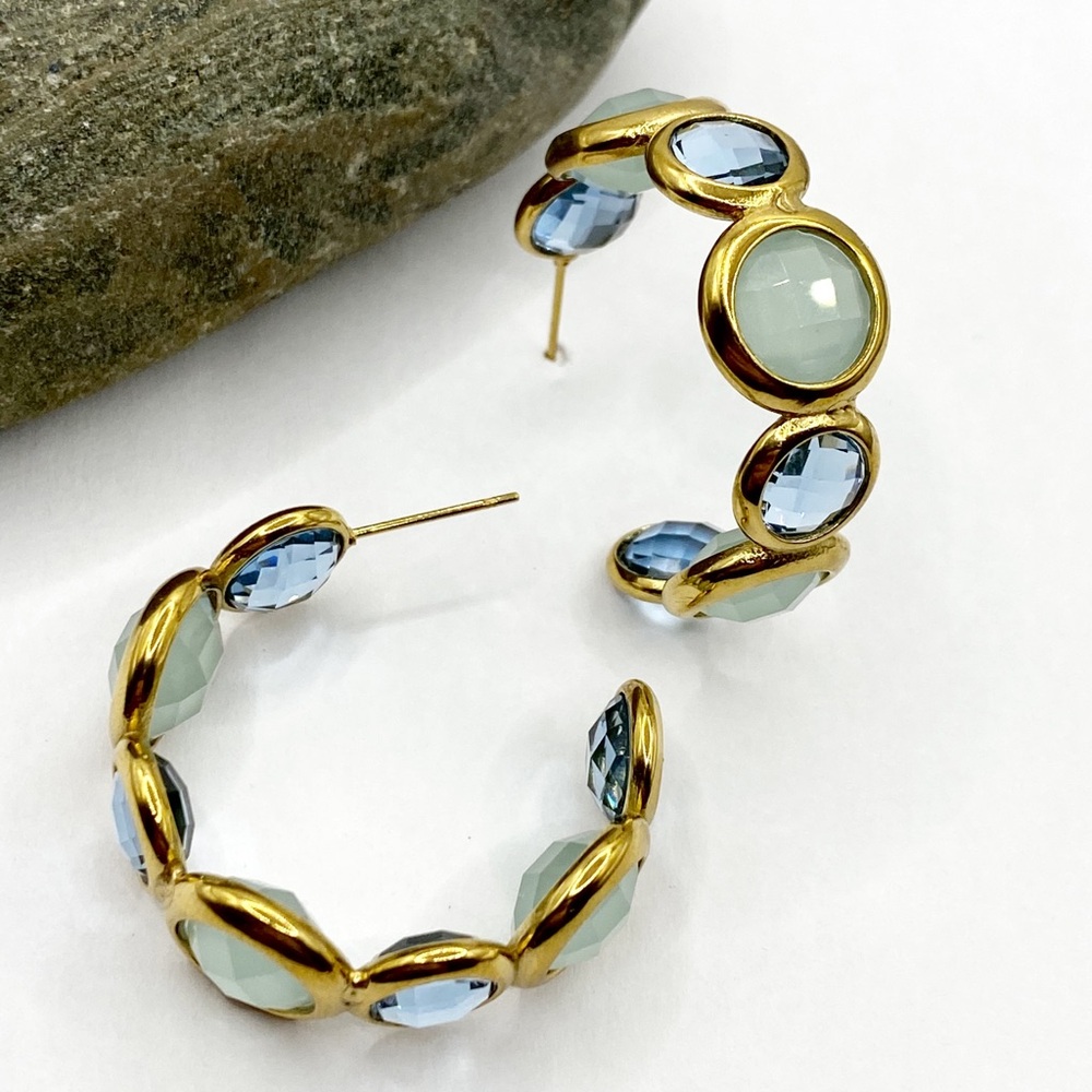 NEW Gold & Blue Stones Chunky Hoop Earrings - Picture 1 of 16